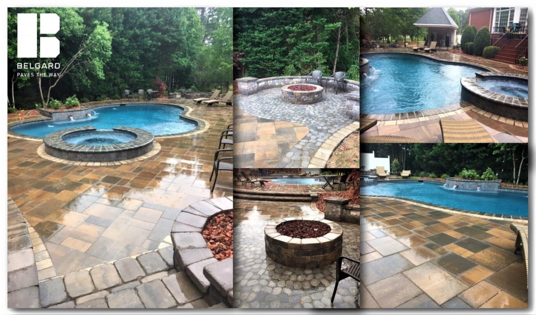 Elegant backyard pool and patio with stone fire pit and landscaping by Belgard.